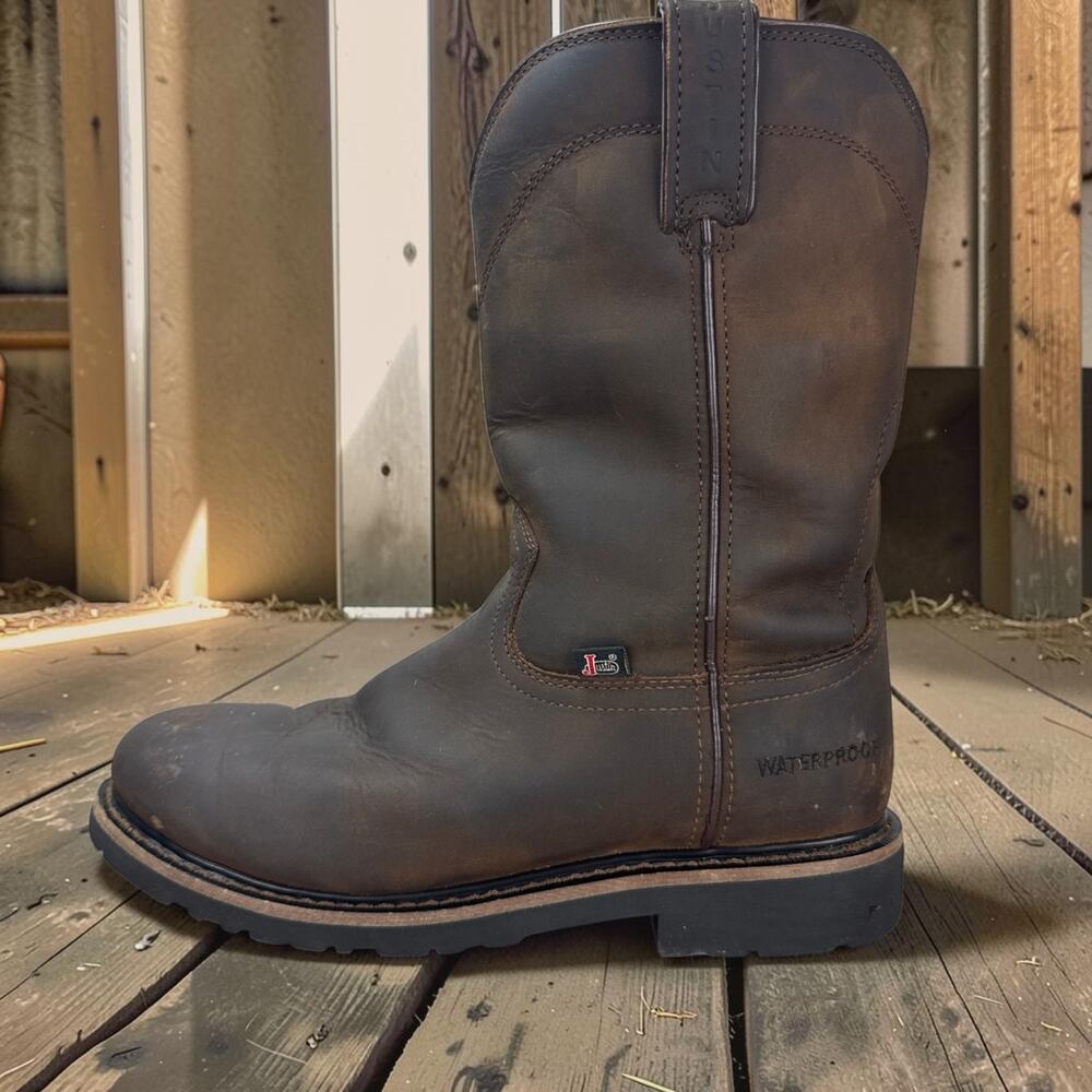 Justin Work Boots Mens 10.5 D Brown Leather Waterproof Western SE4960 Pull On EH